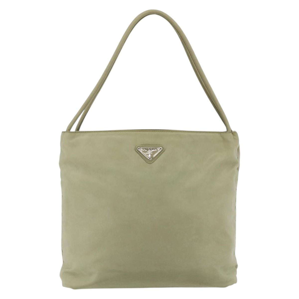 PRADA Hand Bag Nylon Beige Silver Auth bs34678