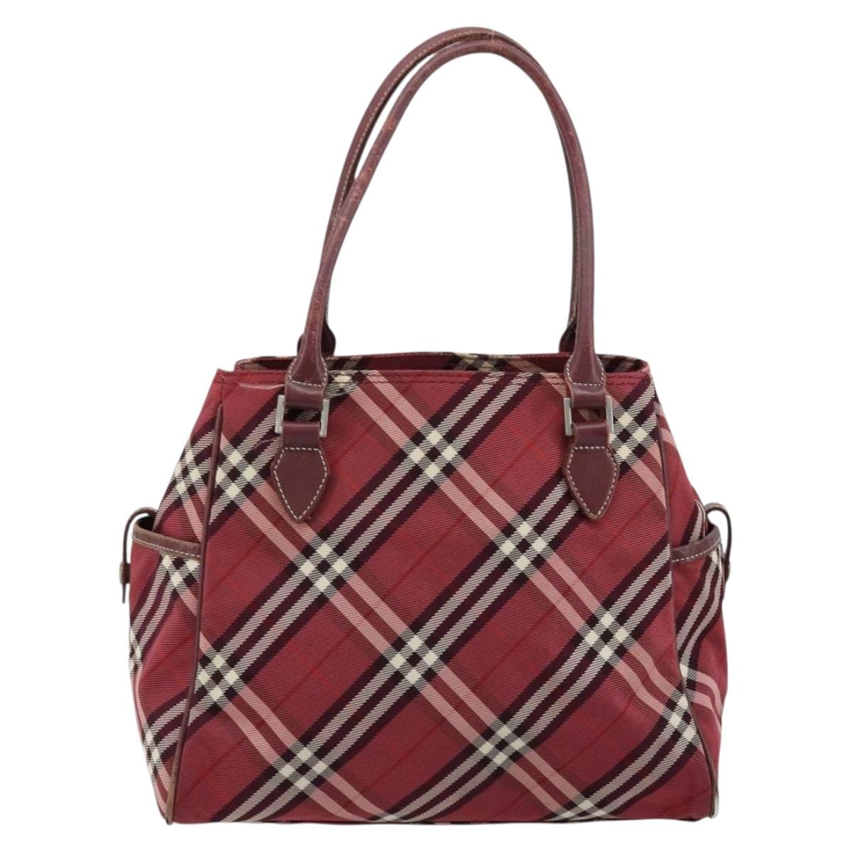 BURBERRY Nova Check Blue Label Hand Bag Nylon Red Silver Auth bs34679