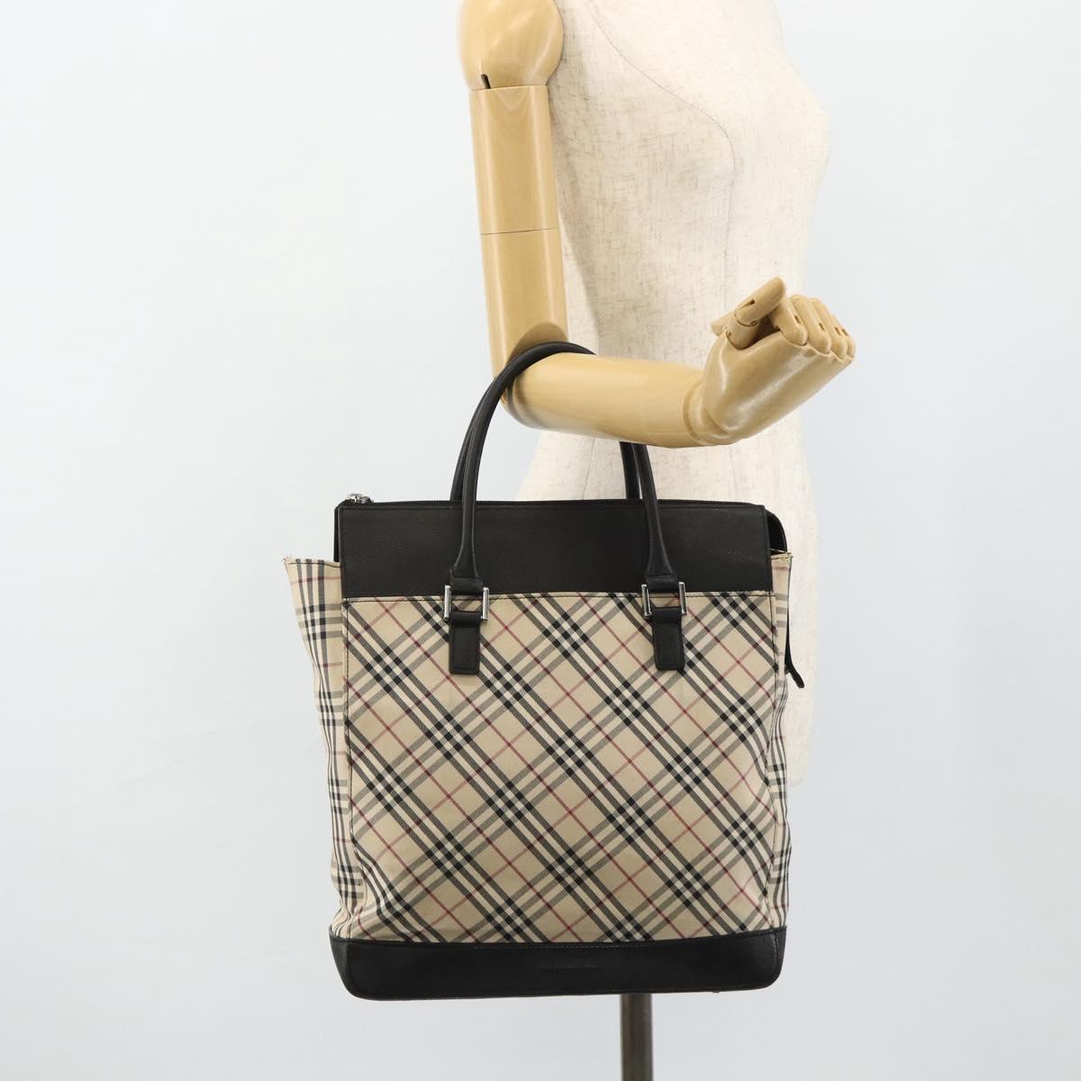 BURBERRY Nova Check Hand Bag Canvas Beige Silver Auth bs34681