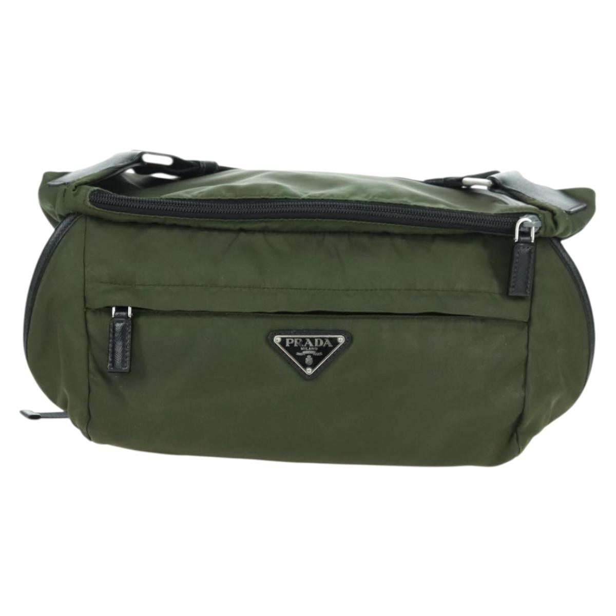PRADA Shoulder Bag Nylon Khaki Silver Auth bs34686