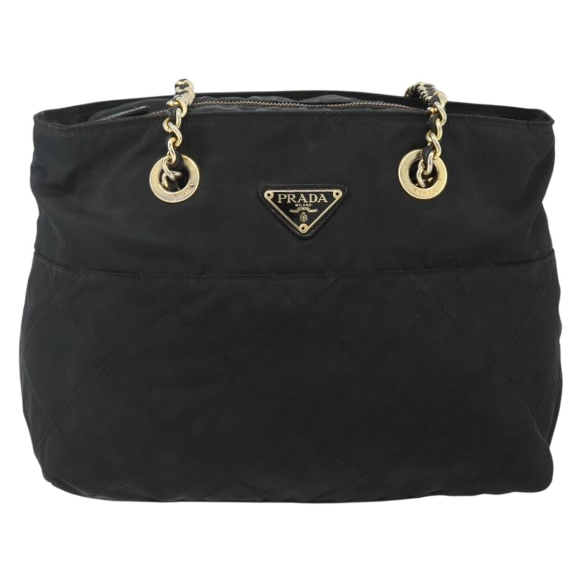 PRADA Chain Tote Bag Nylon Black Gold Auth bs34690