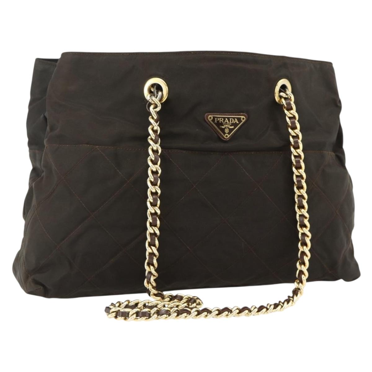 PRADA Chain Tote Bag Nylon Brown Gold Auth bs34691