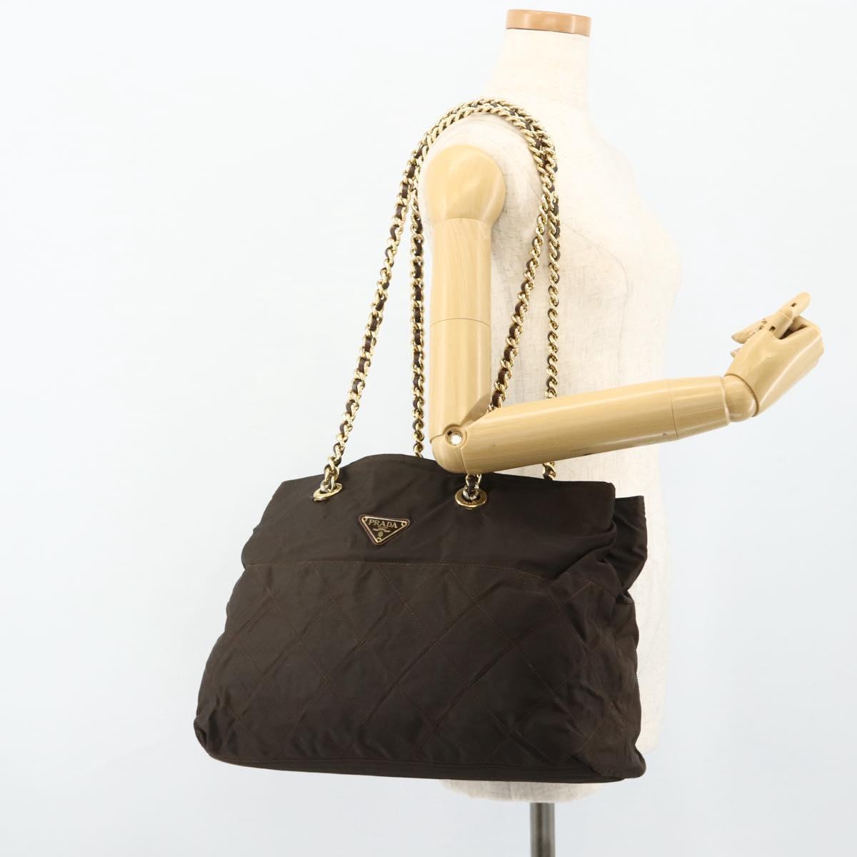 PRADA Chain Tote Bag Nylon Brown Gold Auth bs34691