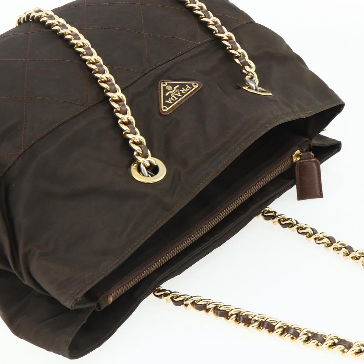 PRADA Chain Tote Bag Nylon Brown Gold Auth bs34691