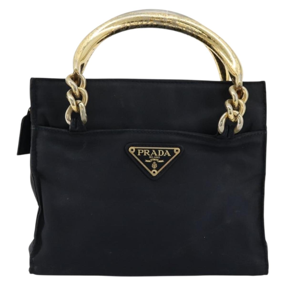 PRADA Chain Hand Bag Nylon Navy Gold Auth bs34692