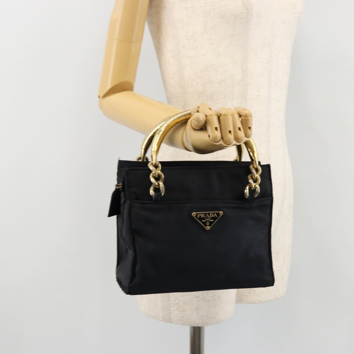PRADA Chain Hand Bag Nylon Navy Gold Auth bs34692