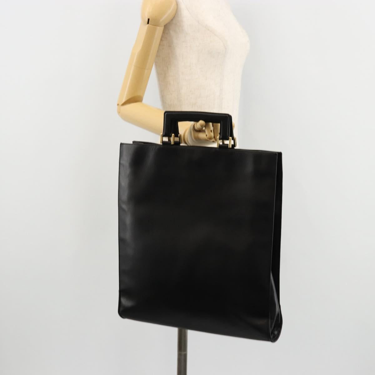GUCCI Hand Bag Leather Black Gold Auth bs34709