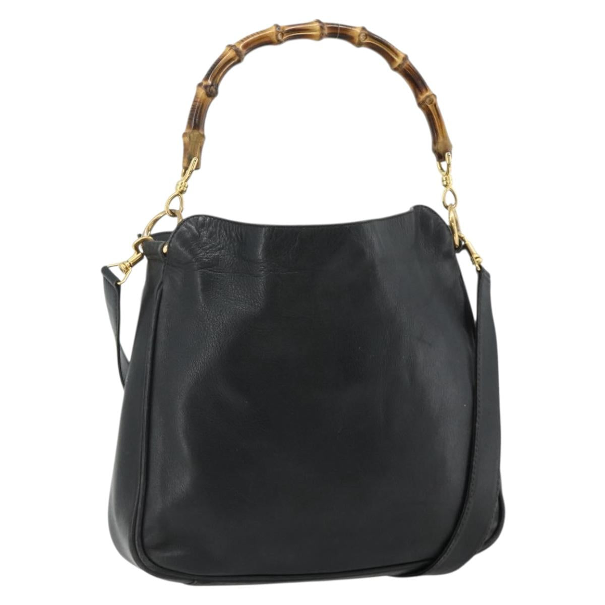 GUCCI Bamboo Shoulder Bag Leather 2way Black Gold Auth bs34729