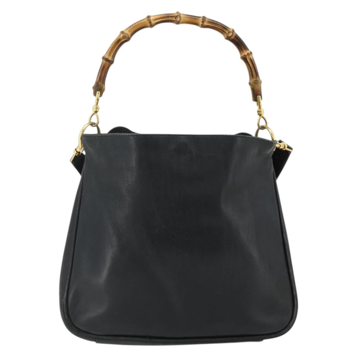 GUCCI Bamboo Shoulder Bag Leather 2way Black Gold Auth bs34729