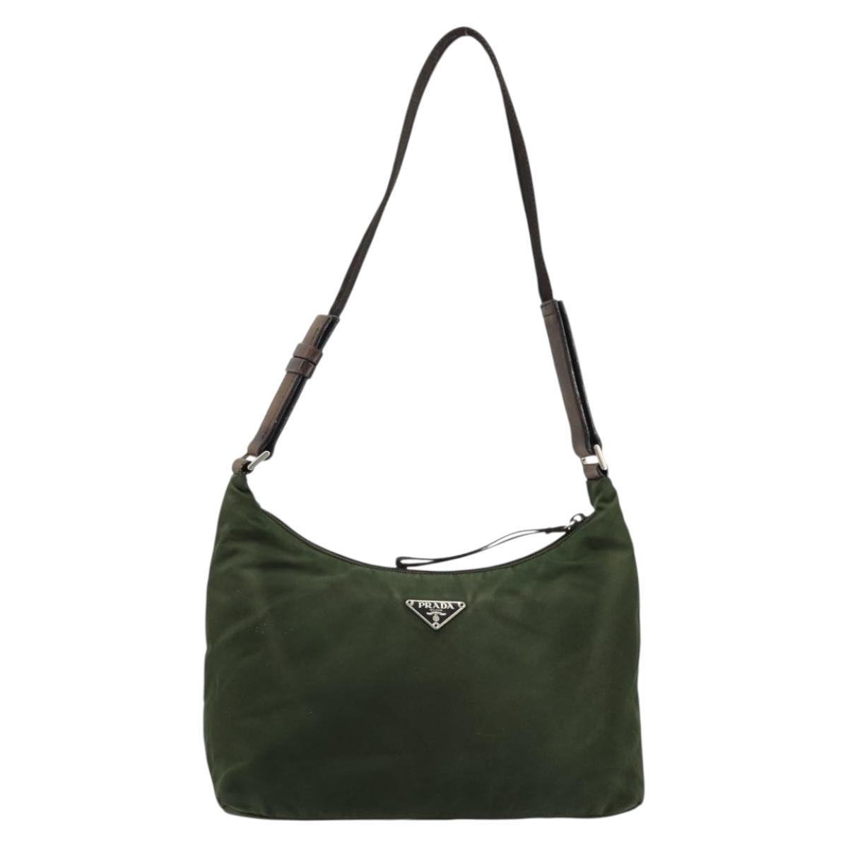 PRADA Shoulder Bag Nylon Khaki Silver Auth bs34740