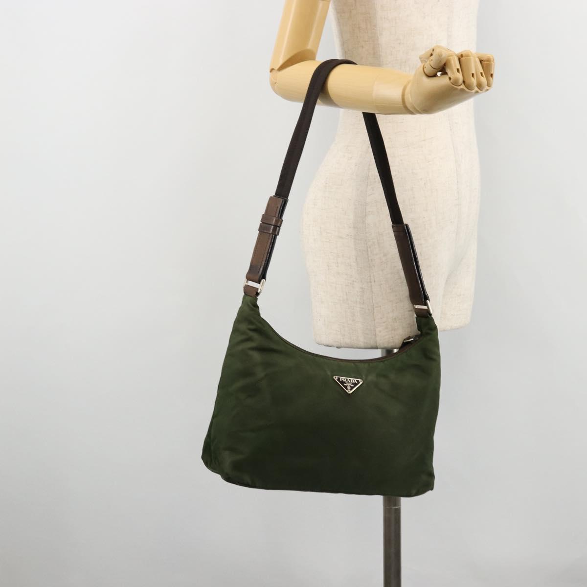 PRADA Shoulder Bag Nylon Khaki Silver Auth bs34740