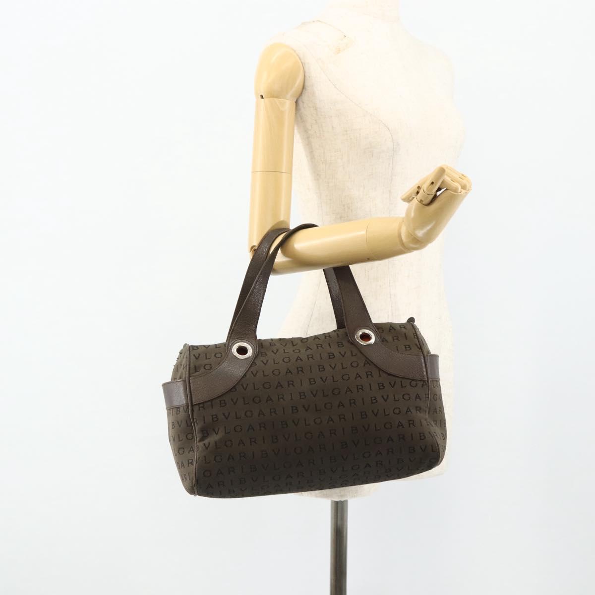 BVLGARI Logo Mania Hand Bag Canvas Brown Silver Auth bs34748