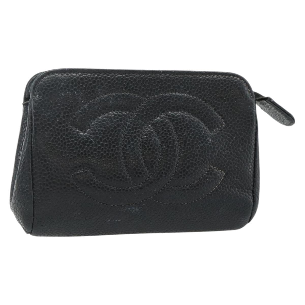 CHANEL Coin Purse Caviar Skin Black Gold CC Auth bs34754