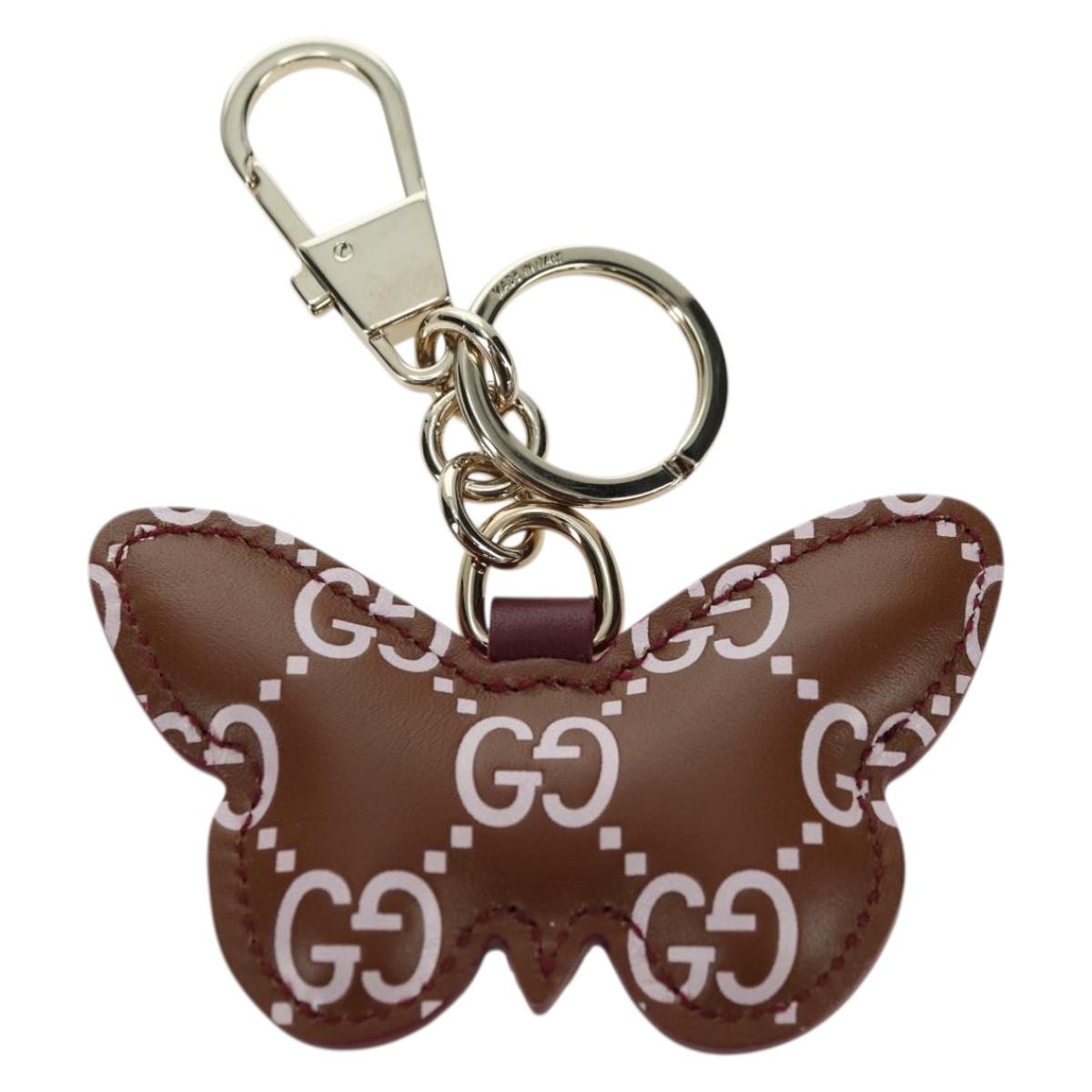 GUCCI GG Embossed Leather Butterfly Bag Charm Brown Gold Auth bs34756M