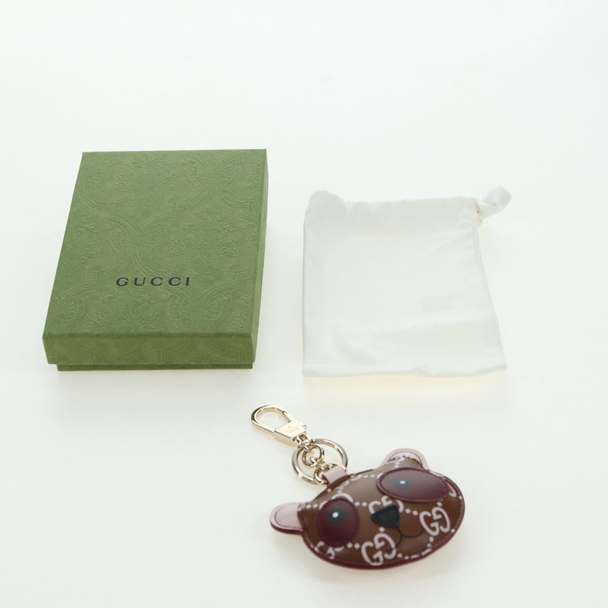 GUCCI GG Embossed Leather Panda Bag Charm Leather Brown Gold Auth bs34757M
