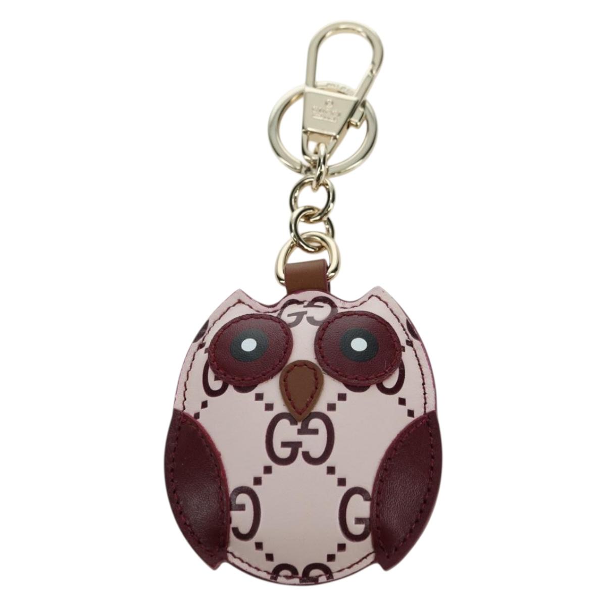 GUCCI GG Embossed Leather Owl Bag Charm Leather Pink Gold Auth bs34758M