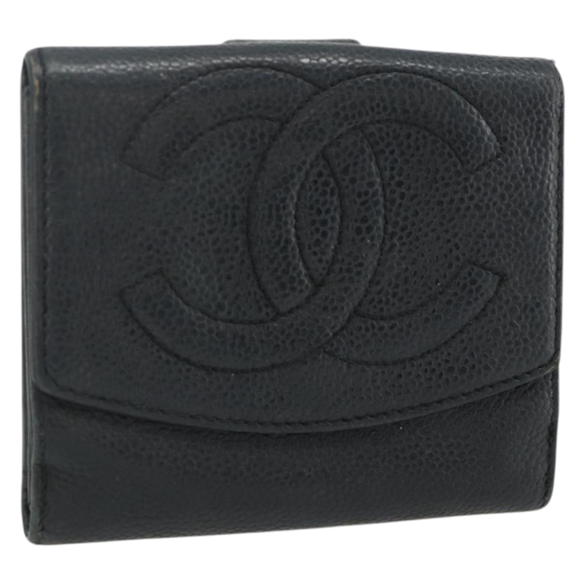 CHANEL Bifold Wallet Caviar Skin Black Gold CC Auth bs34761