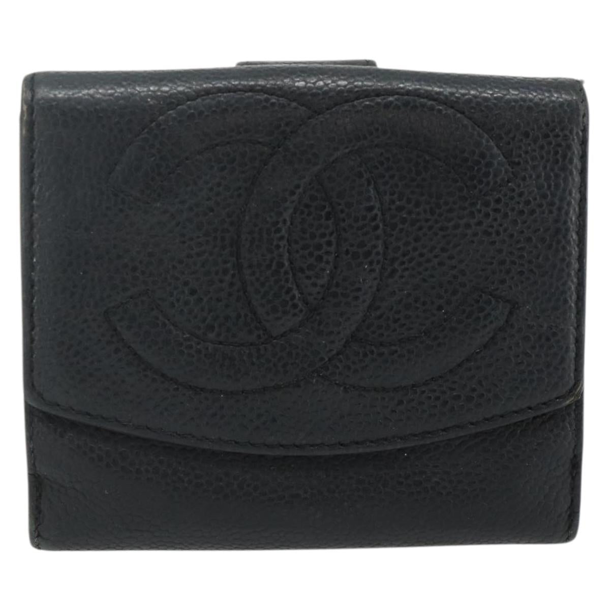 CHANEL Bifold Wallet Caviar Skin Black Gold CC Auth bs34761
