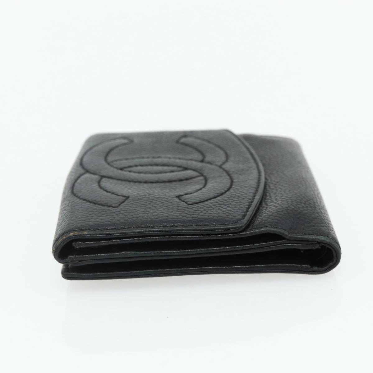 CHANEL Bifold Wallet Caviar Skin Black Gold CC Auth bs34761