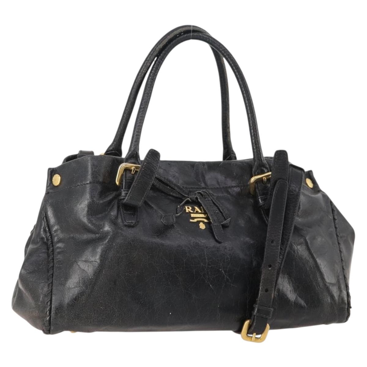 PRADA Hand Bag Leather 2way Black Gold Auth bs34775