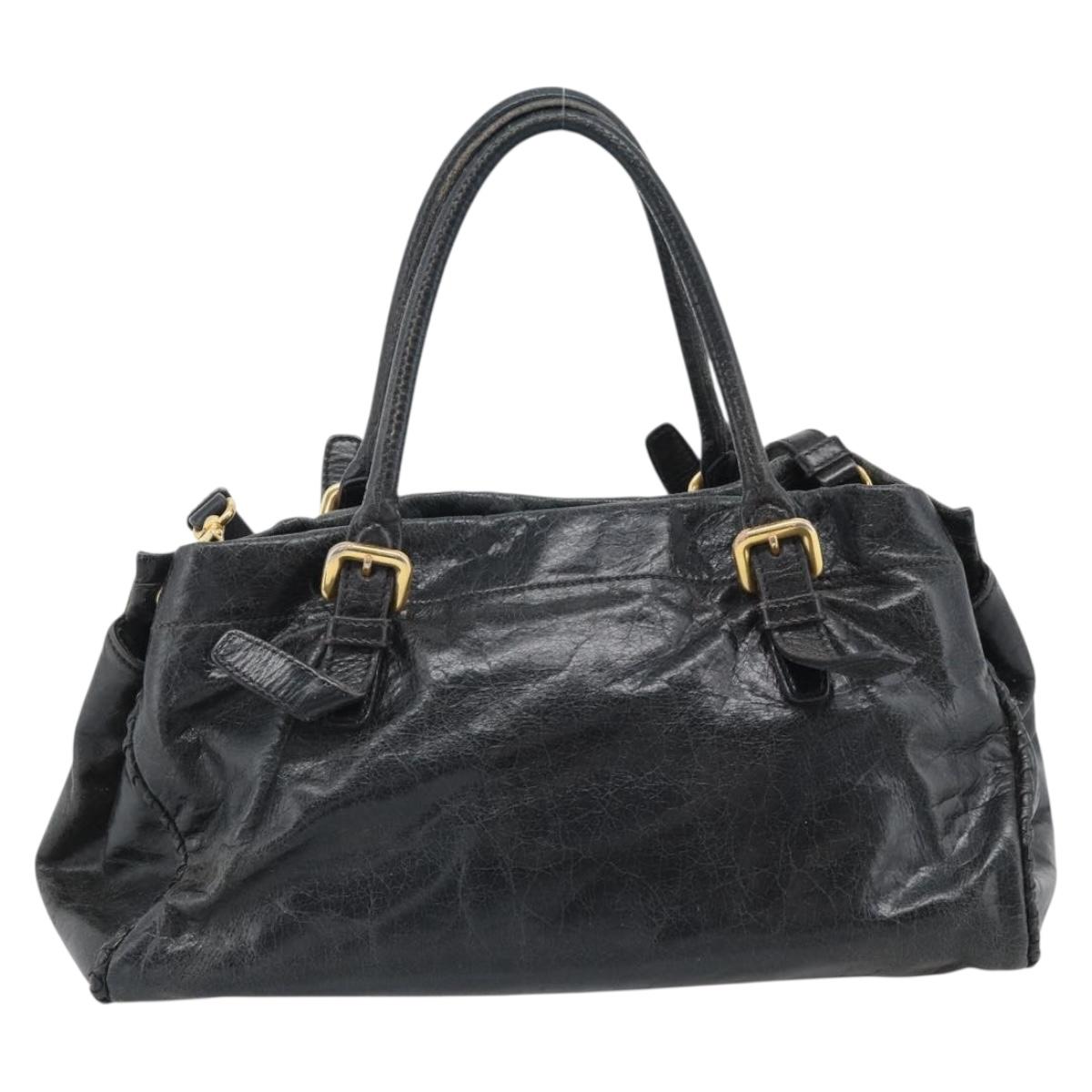 PRADA Hand Bag Leather 2way Black Gold Auth bs34775