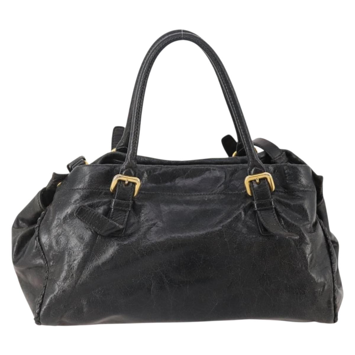 PRADA Hand Bag Leather 2way Black Gold Auth bs34775