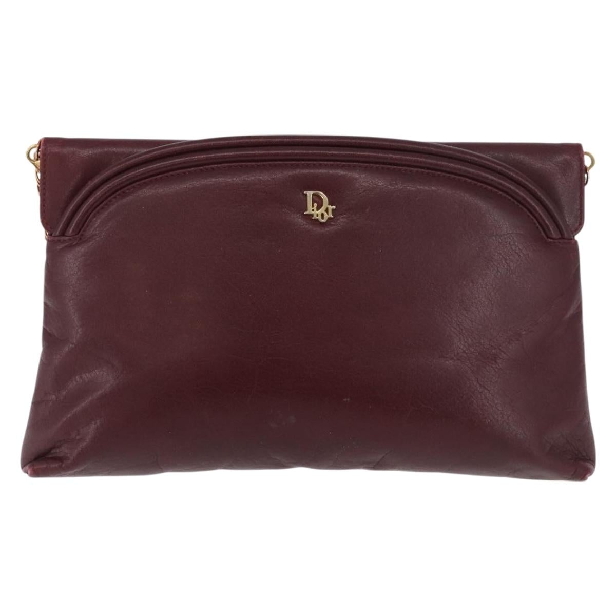 Christian Dior Chain Shoulder Bag Leather Bordeaux Gold Auth bs34808