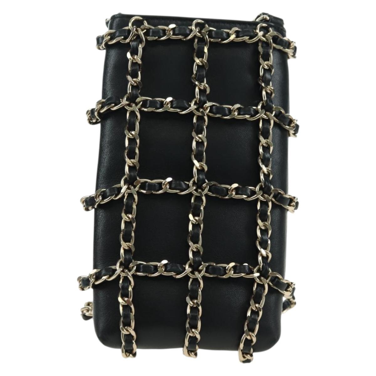CHANEL Chain Shoulder Pouch Leather Black Gold CC Auth bs34809V