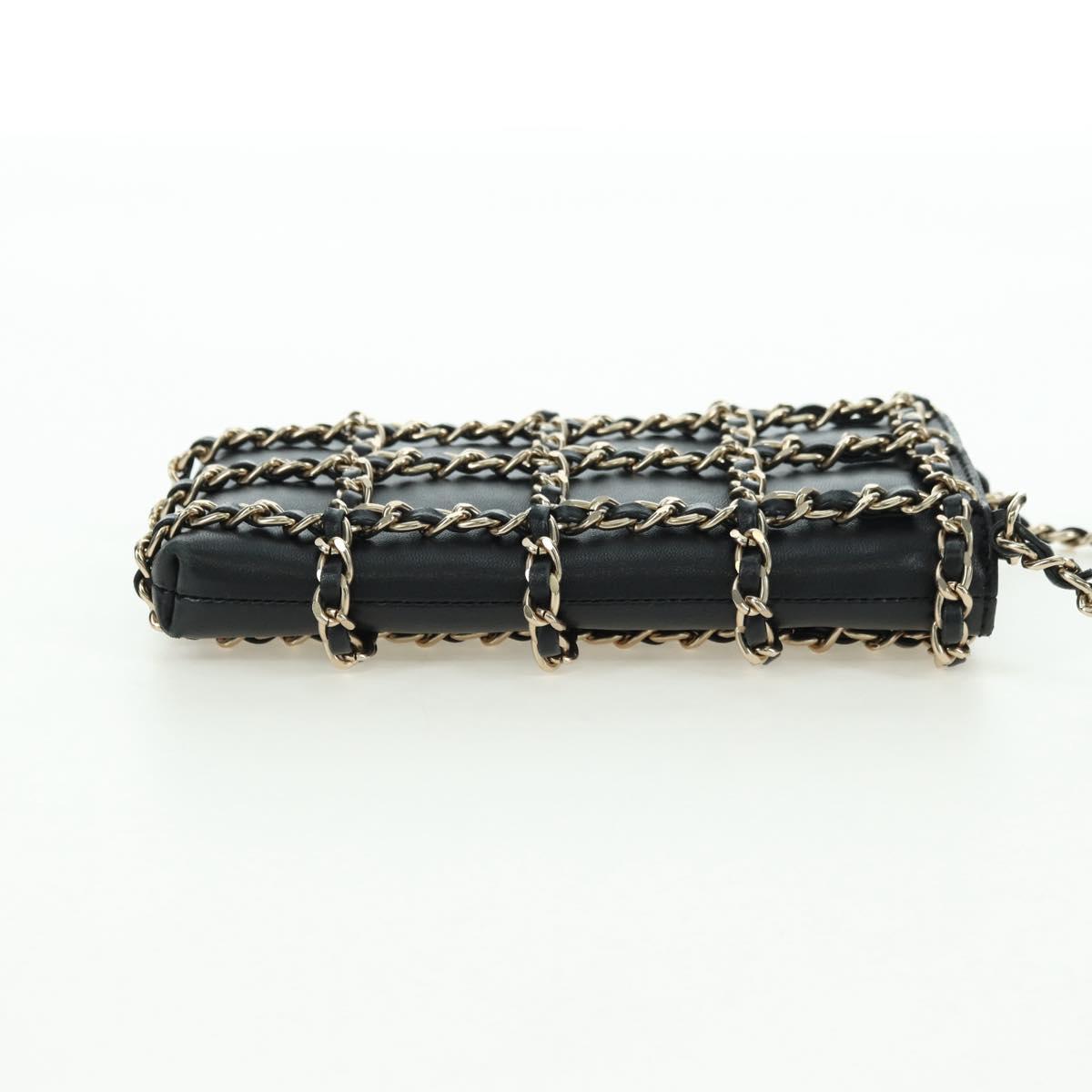 CHANEL Chain Shoulder Pouch Leather Black Gold CC Auth bs34809V