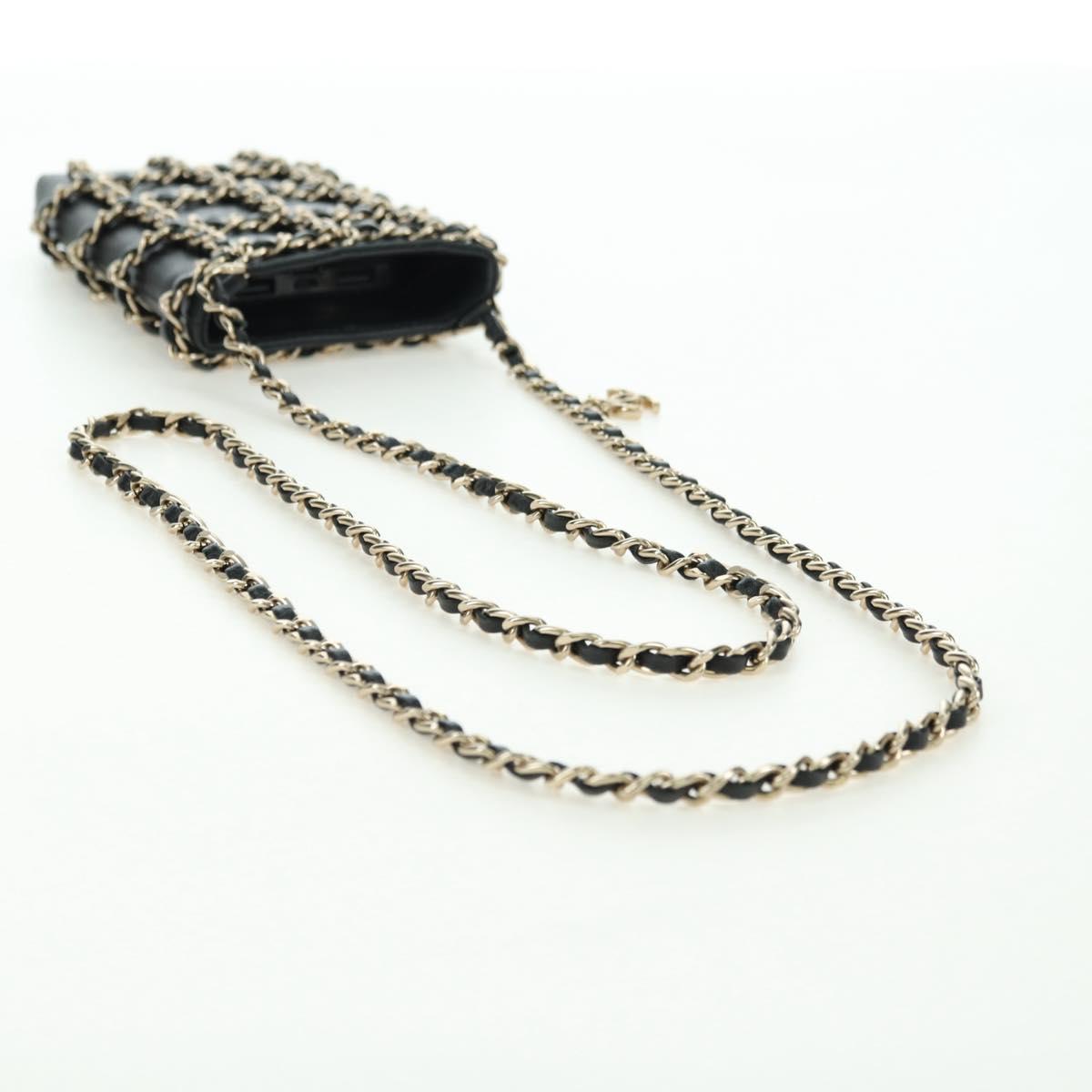 CHANEL Chain Shoulder Pouch Leather Black Gold CC Auth bs34809V