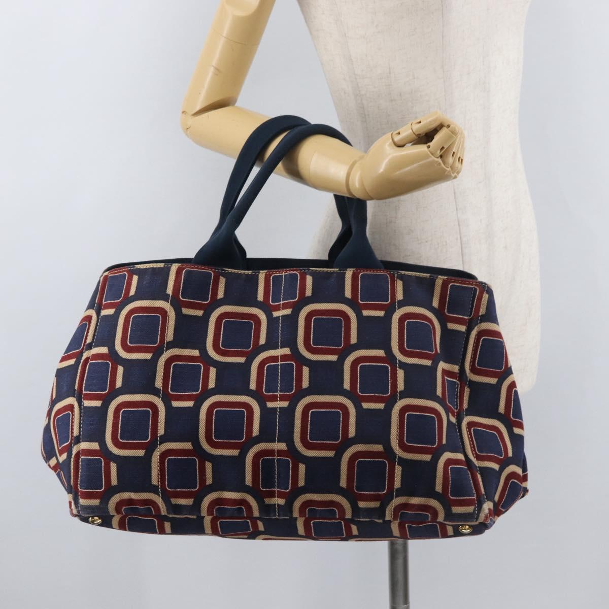 PRADA Canapa L Hand Bag Canvas Navy Gold Auth bs34839A