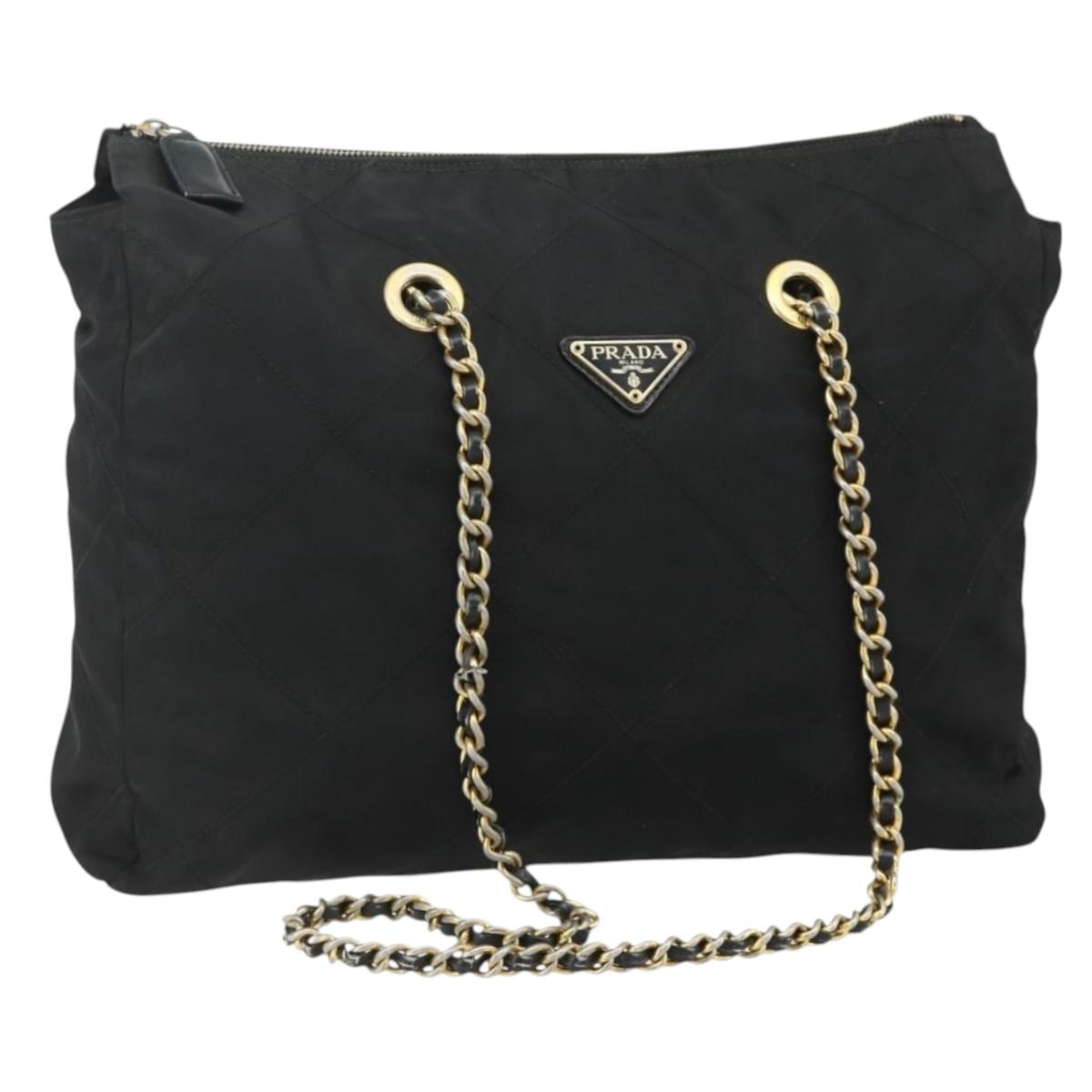 PRADA Chain Shoulder Bag Nylon Black Gold Auth bs34840