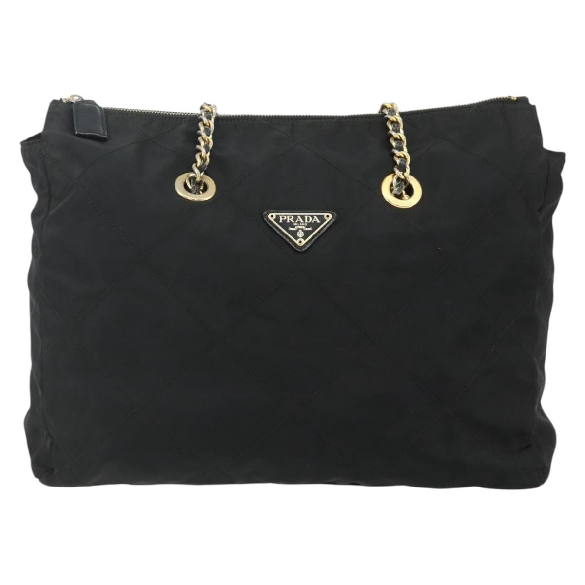 PRADA Chain Shoulder Bag Nylon Black Gold Auth bs34840