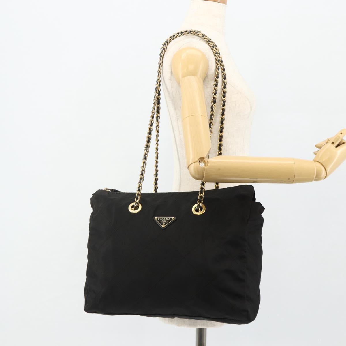 PRADA Chain Shoulder Bag Nylon Black Gold Auth bs34840