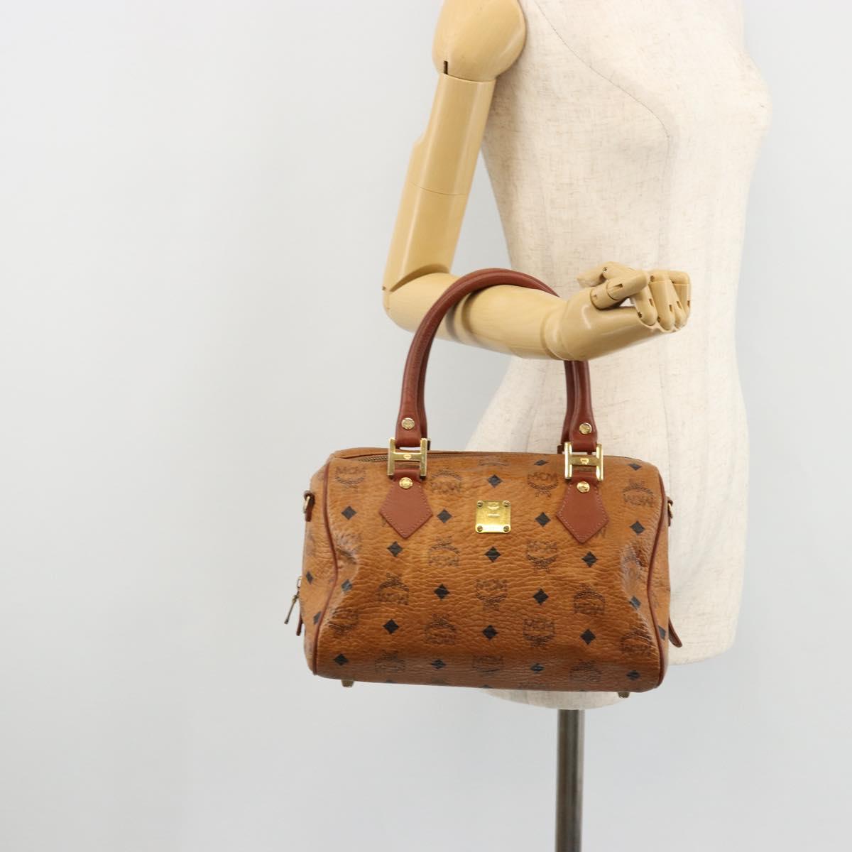 MCM Vicetos Logogram Boston Bag PVC Leather Brown Gold Auth bs34851A