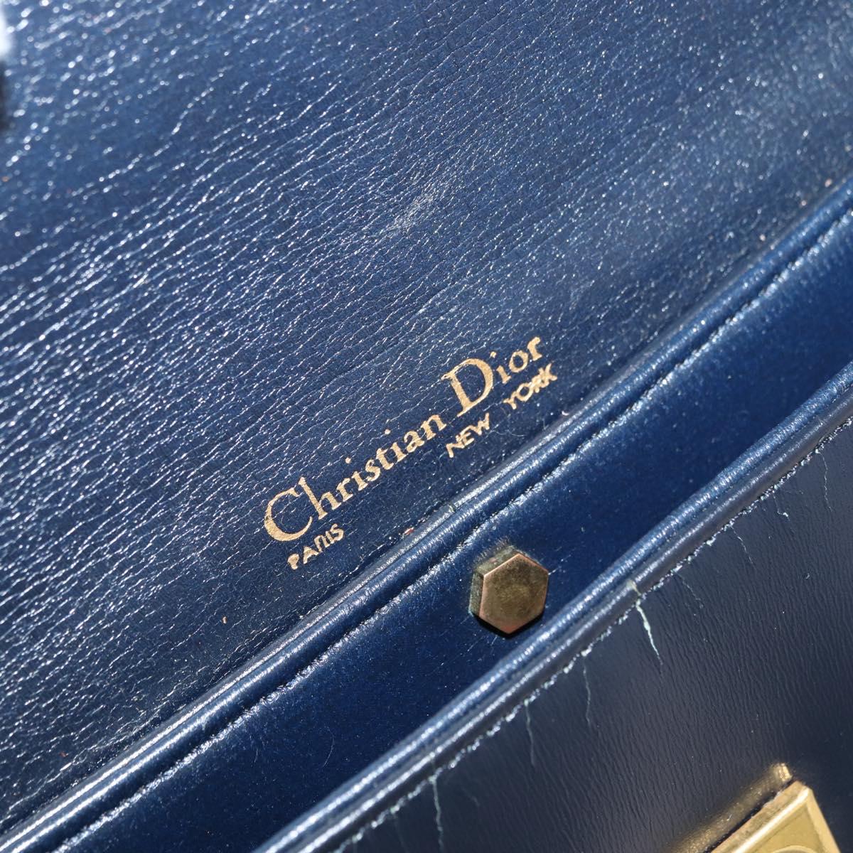Christian Dior Shoulder Bag Leather Navy Gold Auth bs34858