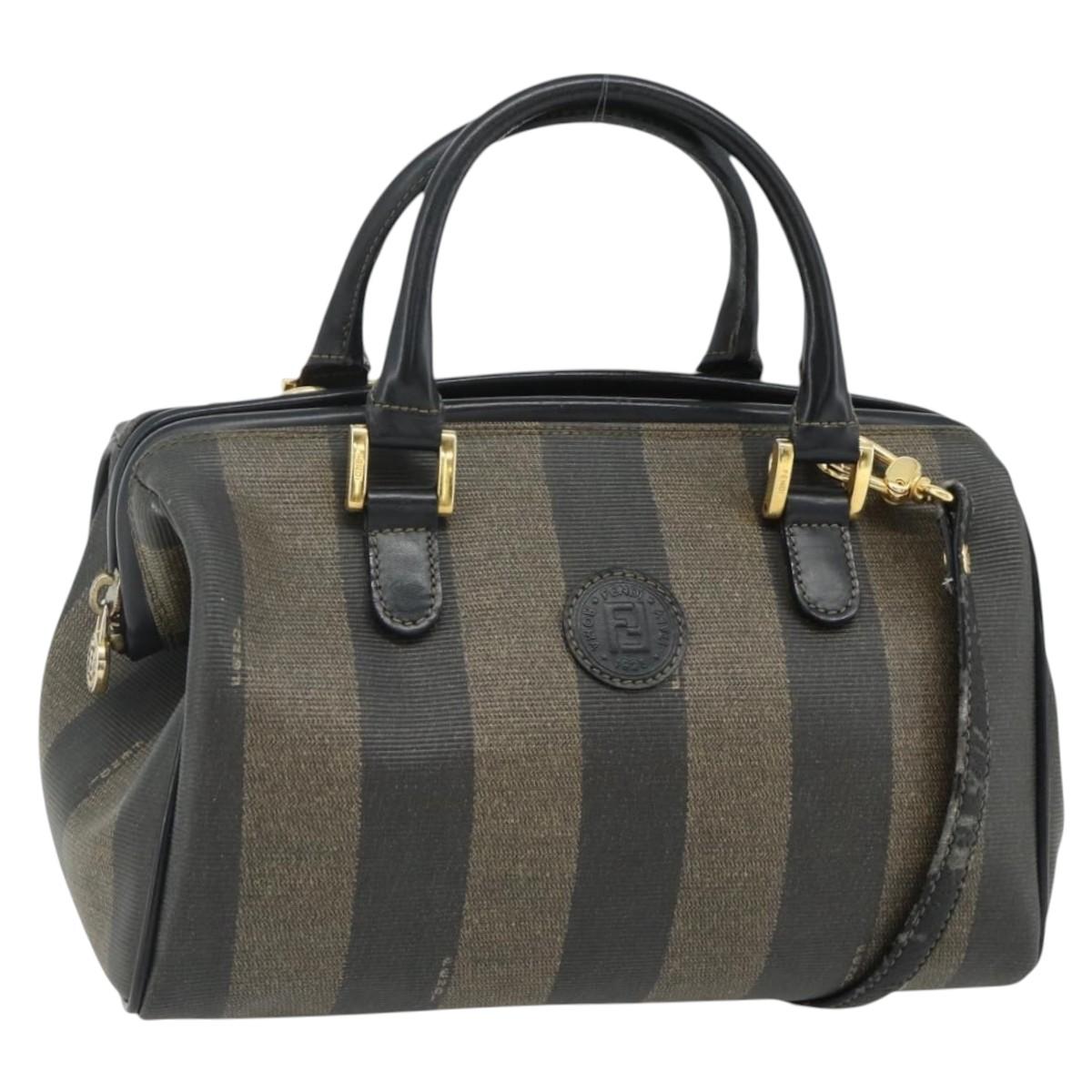 FENDI Pecan Canvas Mini Boston Bag PVC Black Brown Auth bs34863
