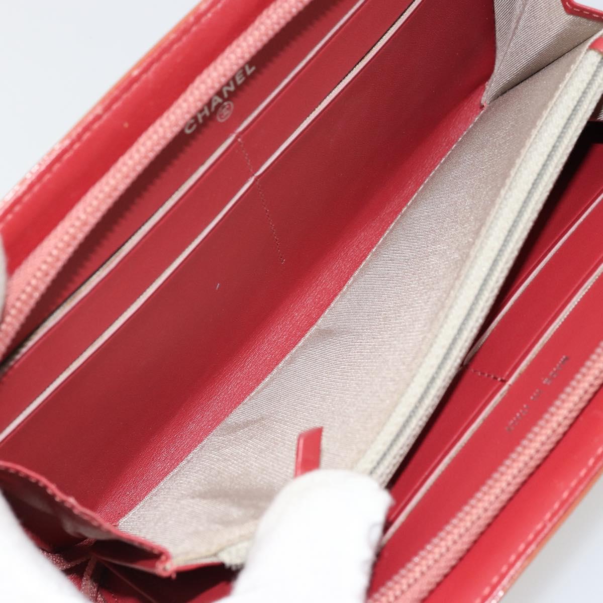 CHANEL Long Wallet Patent leather Orange Silver CC Auth bs34871