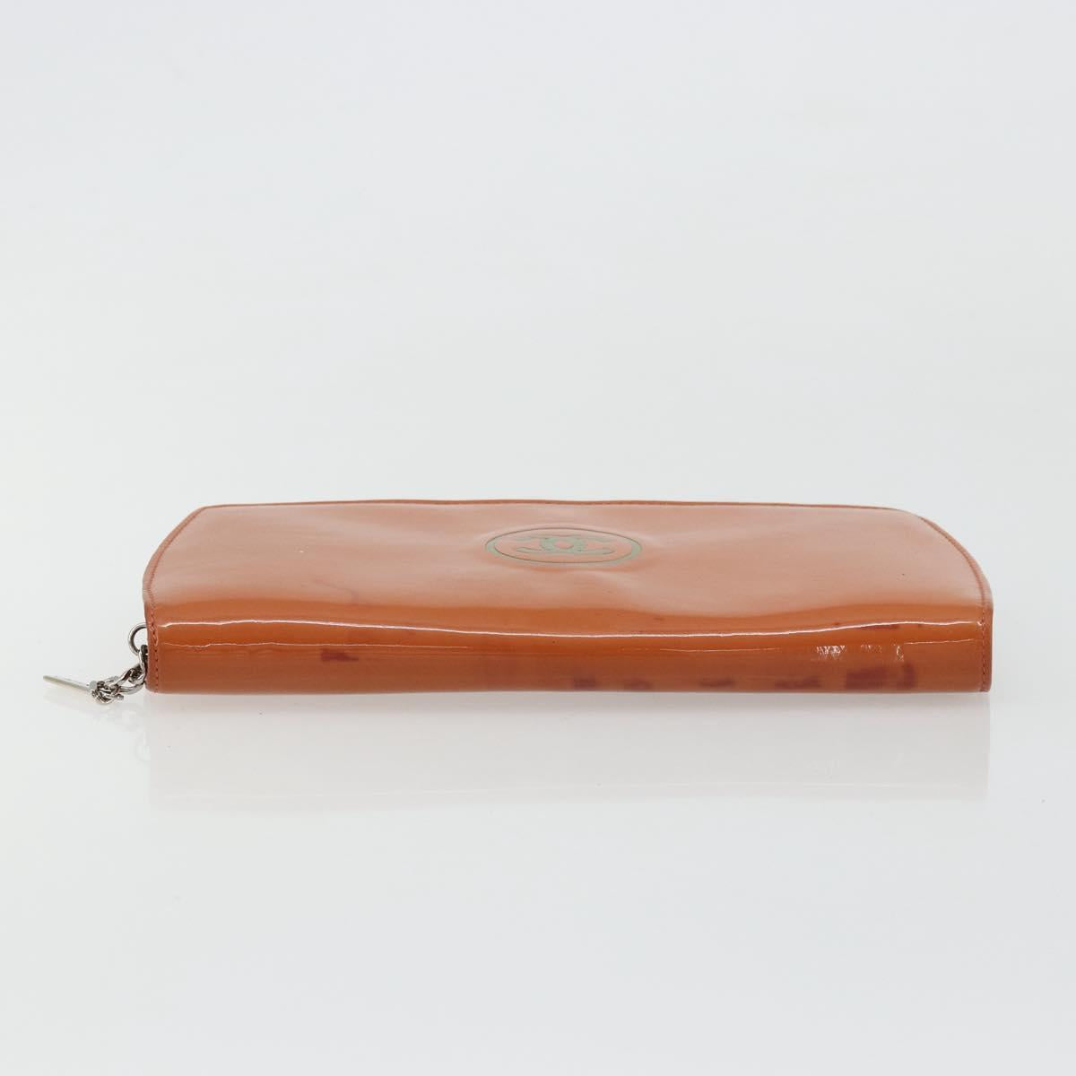 CHANEL Long Wallet Patent leather Orange Silver CC Auth bs34871