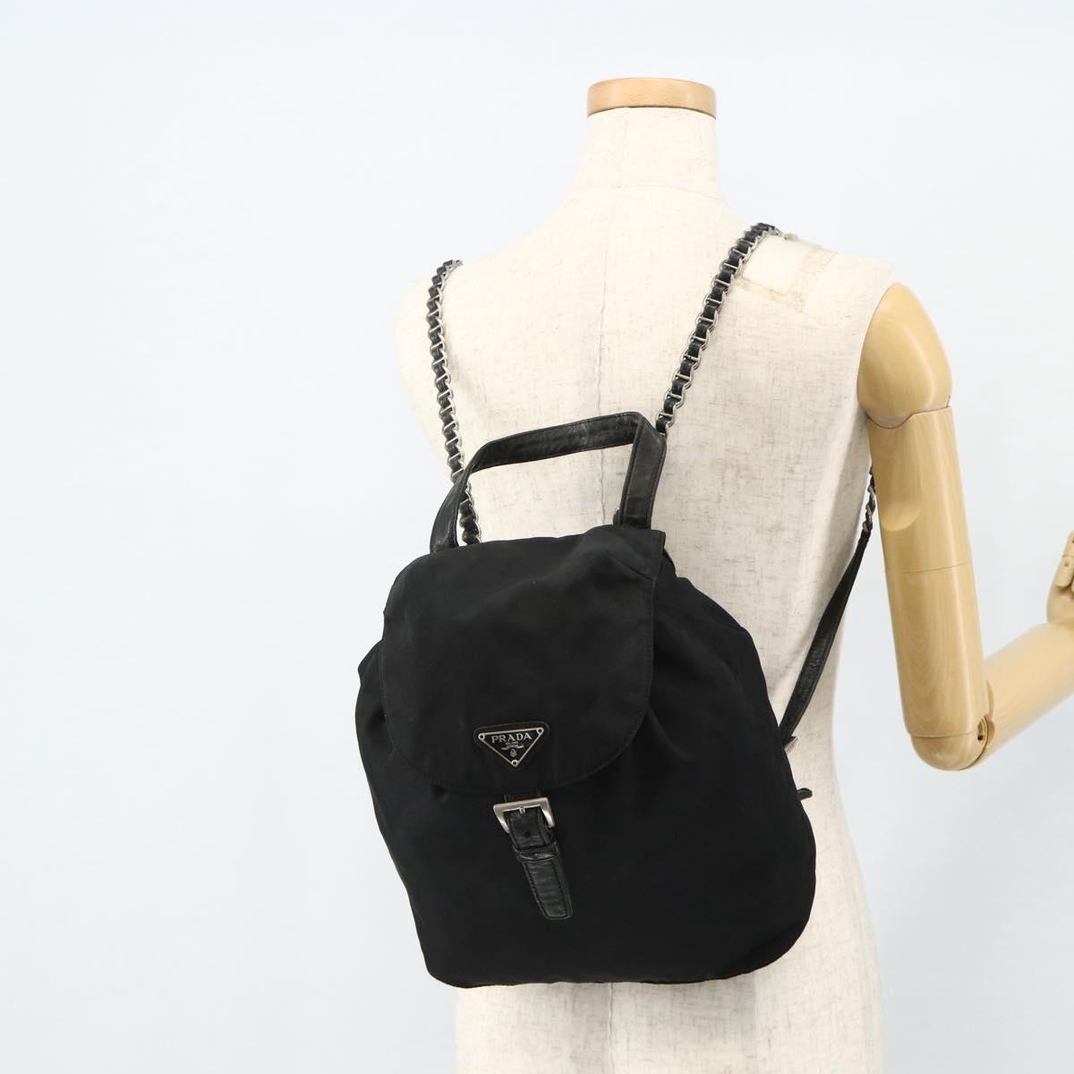 PRADA Chain Shoulder Backpack Nylon Black Silver Auth bs34877A