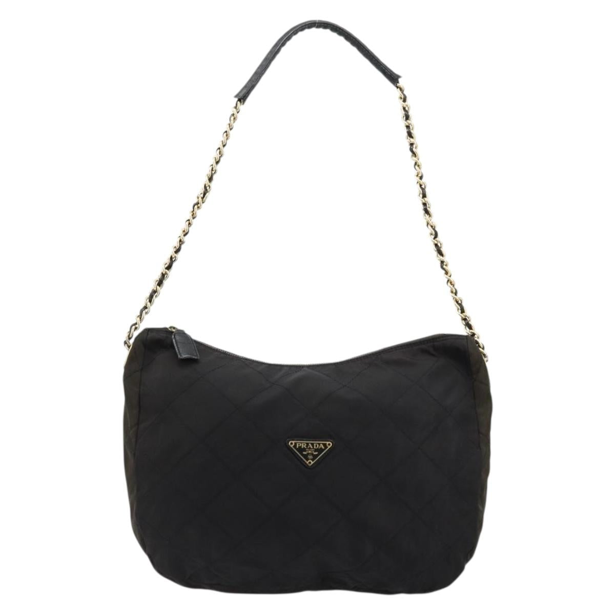 PRADA Chain Shoulder Bag Nylon Black Gold Auth bs34879A