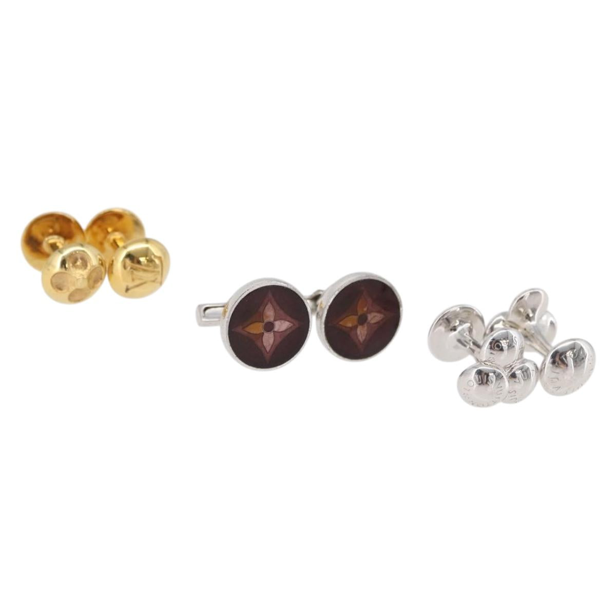LOUIS VUITTON Buton de Manchette Cuffs metal 3 Set Gold Silver LV Auth bs34886