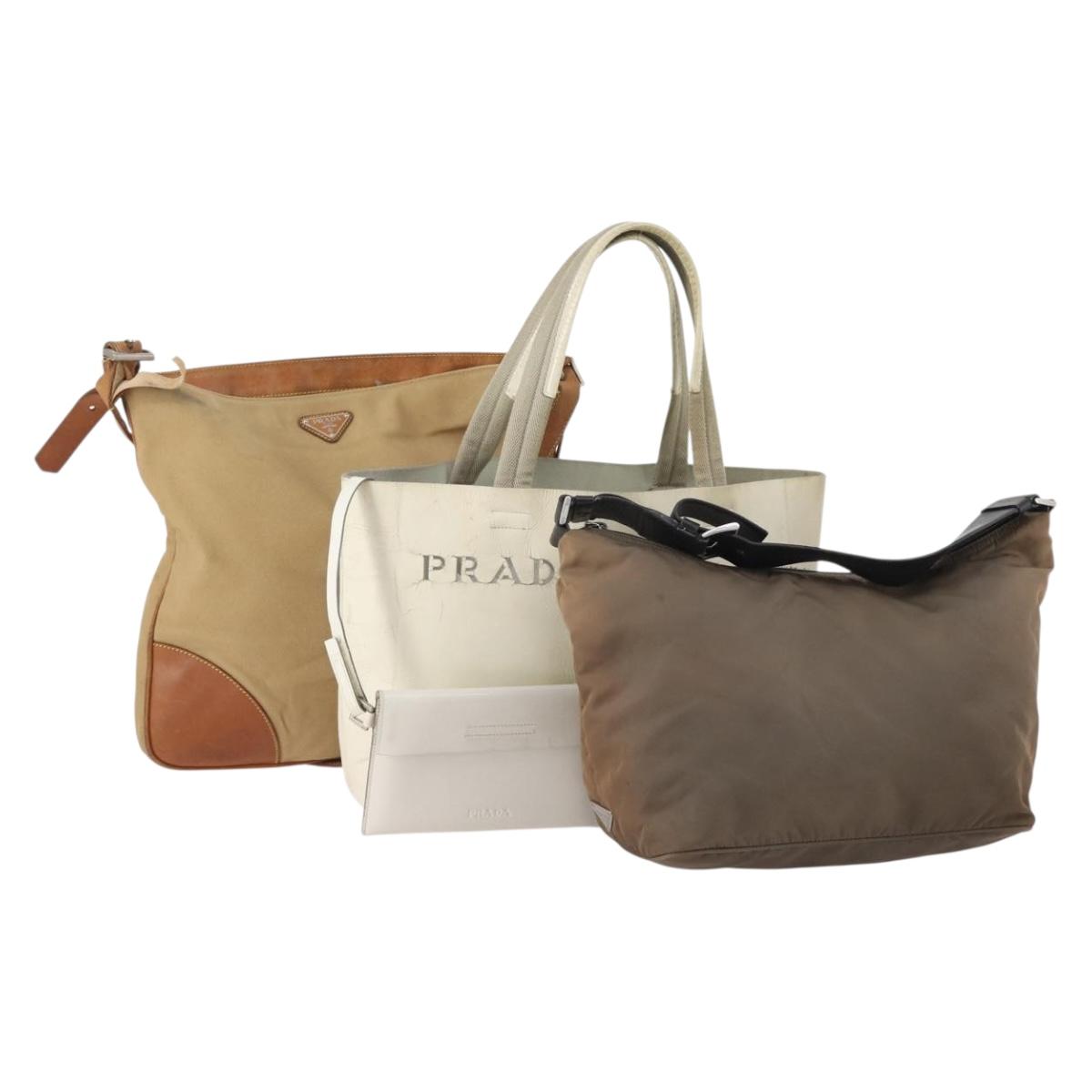 PRADA Shoulder Bag Canvas Nylon Leather 3 Set Brown White Auth bs34891