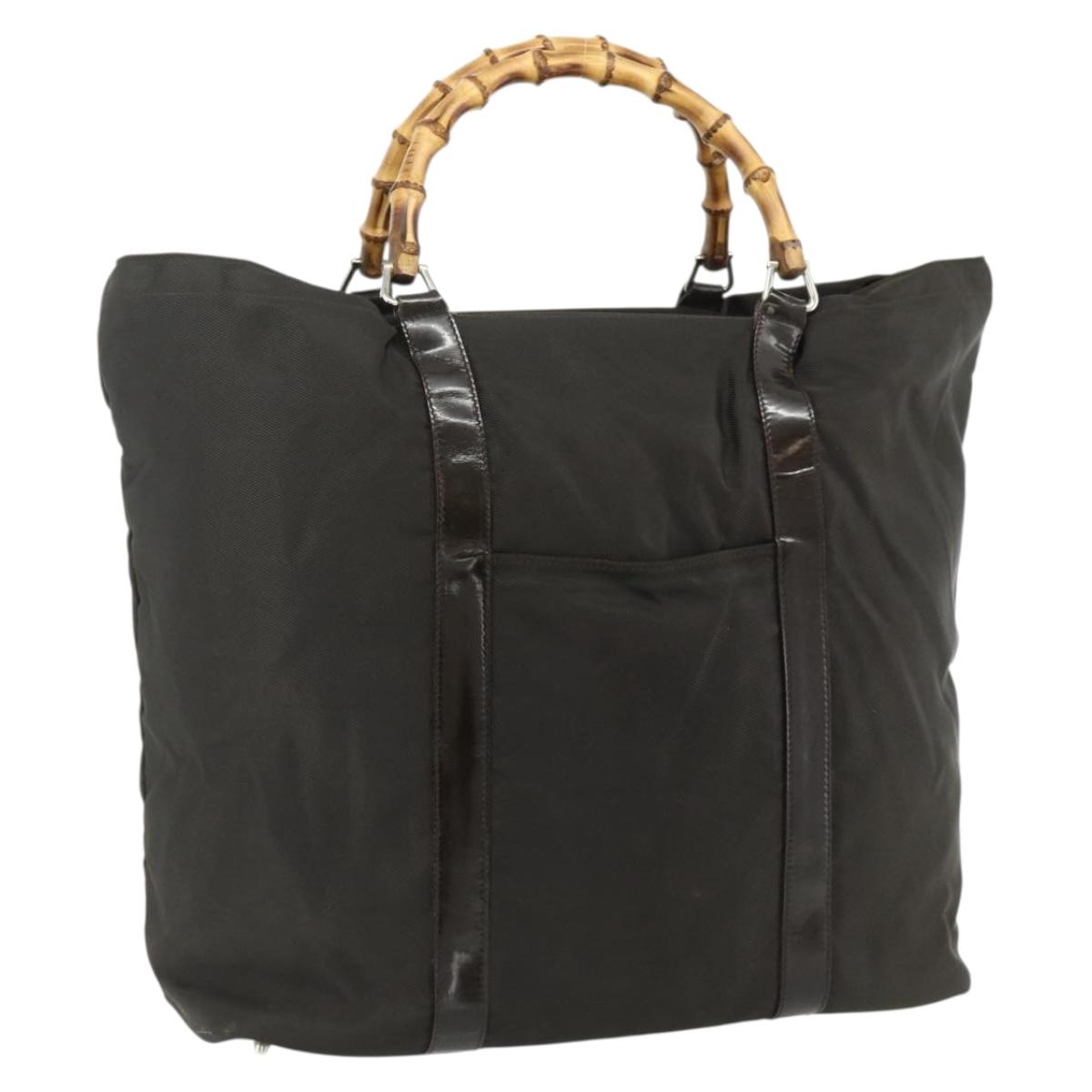 GUCCI Bamboo Tote Bag Nylon Khaki Silver 002 2058 0412 5 Auth bs34905