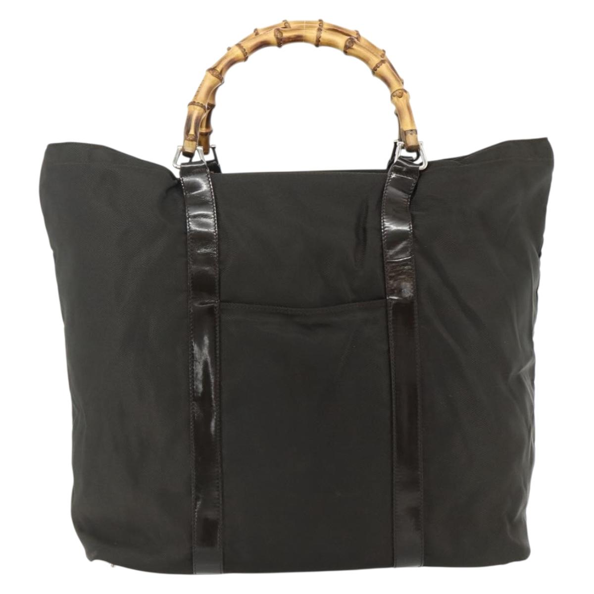 GUCCI Bamboo Tote Bag Nylon Khaki Silver 002 2058 0412 5 Auth bs34905
