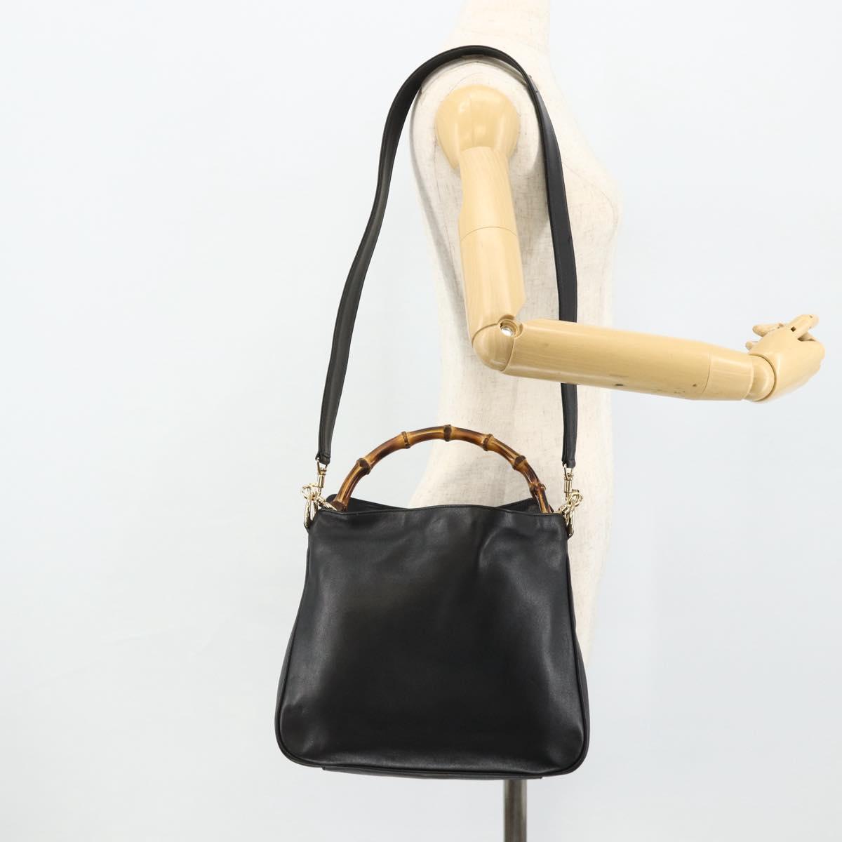 GUCCI Bamboo Hand Bag Leather 2way Black Gold 001 2123 1638 Auth bs34924