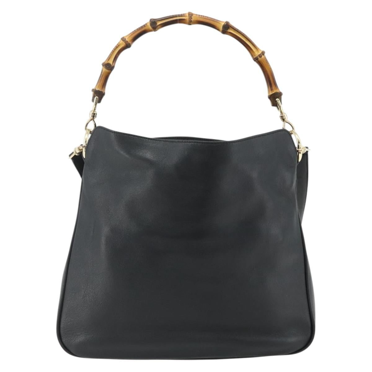 GUCCI Bamboo Hand Bag Leather 2way Black Gold 001 2123 1638 Auth bs34924