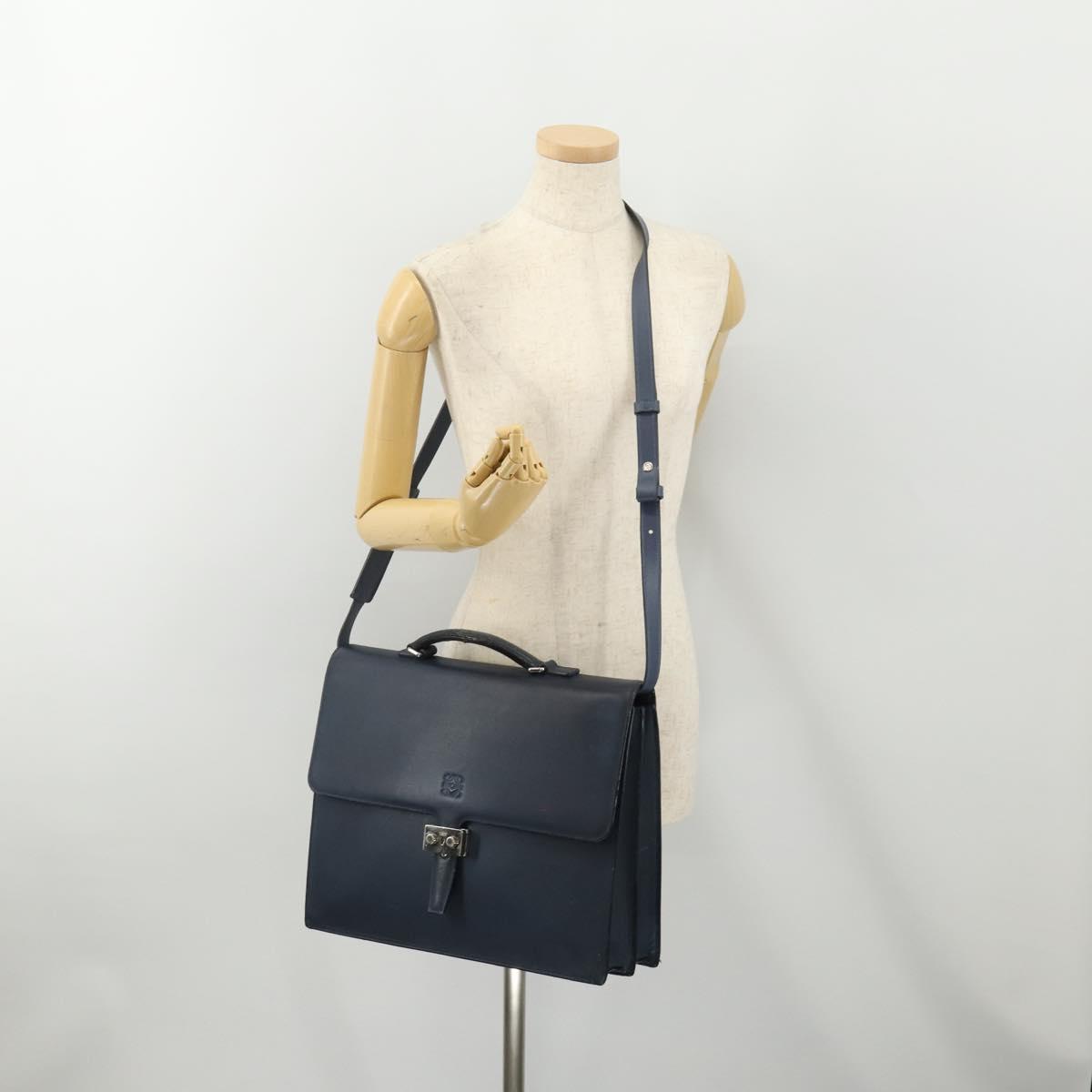 LOEWE Anagram Business Bag Leather 2way Navy Silver Auth bs34926