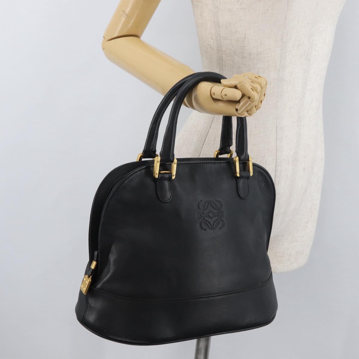 LOEWE Anagram Hand Bag Leather Black Gold Auth bs34927