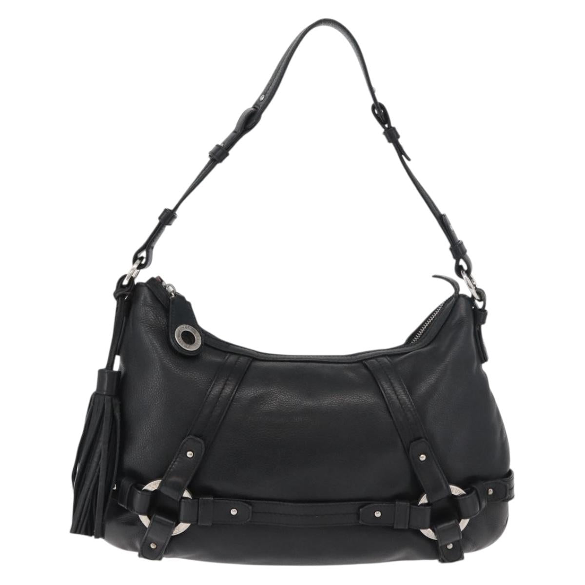 BALLY Shoulder Bag Leather Black Silver Auth bs34934A